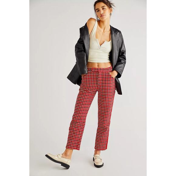 New Free People Anna Sui Neo Plaid Houndstooth Mid-Rise Pants $504 SIZE 2 Red - Picture 1 of 3